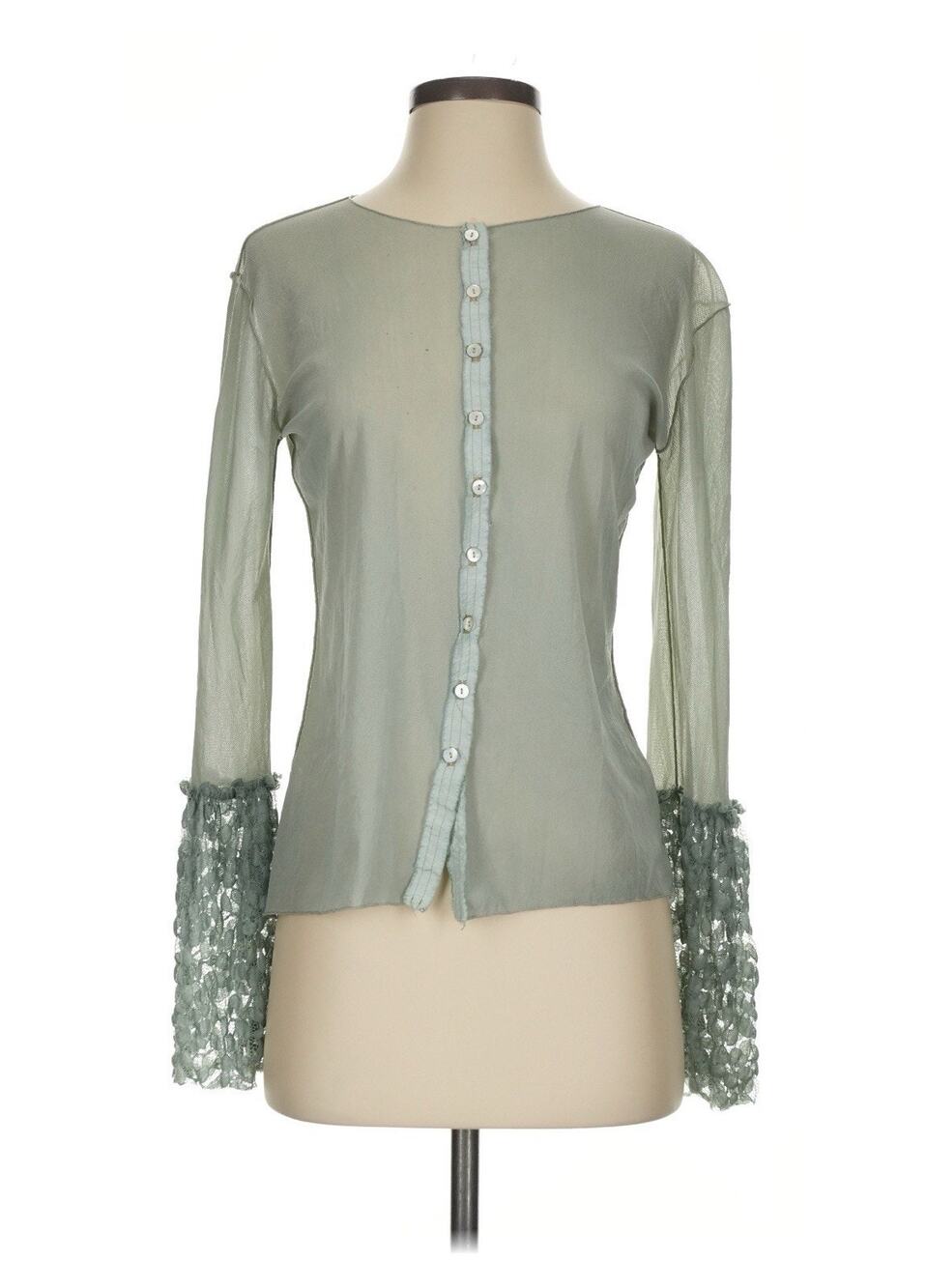 Robin Kaplan Mint Green Ruffle Sleeve Sheer Cardigan Buttons 2 Medium